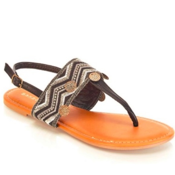 Womens Boho Chevron Embroidered T-Strap Sandal 6.5 Black Gold with Charms - Picture 6 of 8